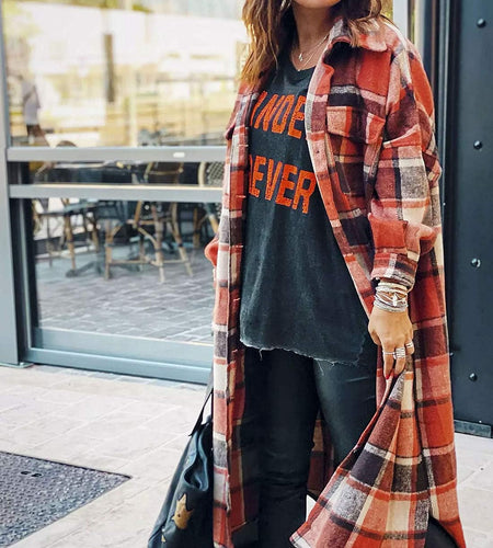 Women'S Lounge Lapel Button up Long Sleeve Plaid Long Shirt Jacket Shacket